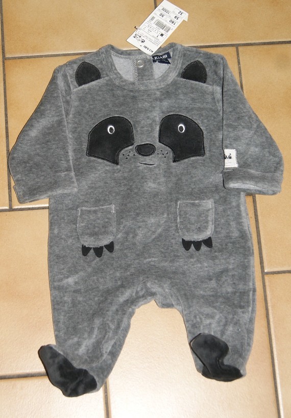 1 MOIS : Pyjama velour gris "panda " KIABI 2