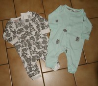 1 MOIS : Lot 2 pyjama coton sans pieds blanc & vert d eau PANPAN H&M ( NEUF)