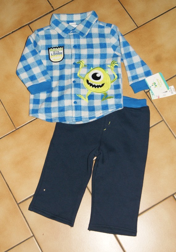 12 MOIS : Enble pantalon doublé + chemise polaire bleu MONSTRES & CIE ( NEUF)