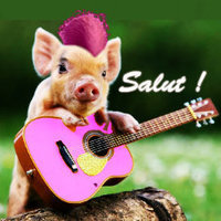 Salut petit cochon cheveux et guitare rose