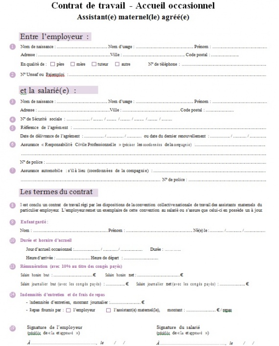 Exemple De Contrat Occasionnel Nounou Contrat Assistant Maternel Accueil Occasionnel