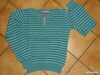 3€ Pull mailles rayures grises et turquoises T 12 ANS