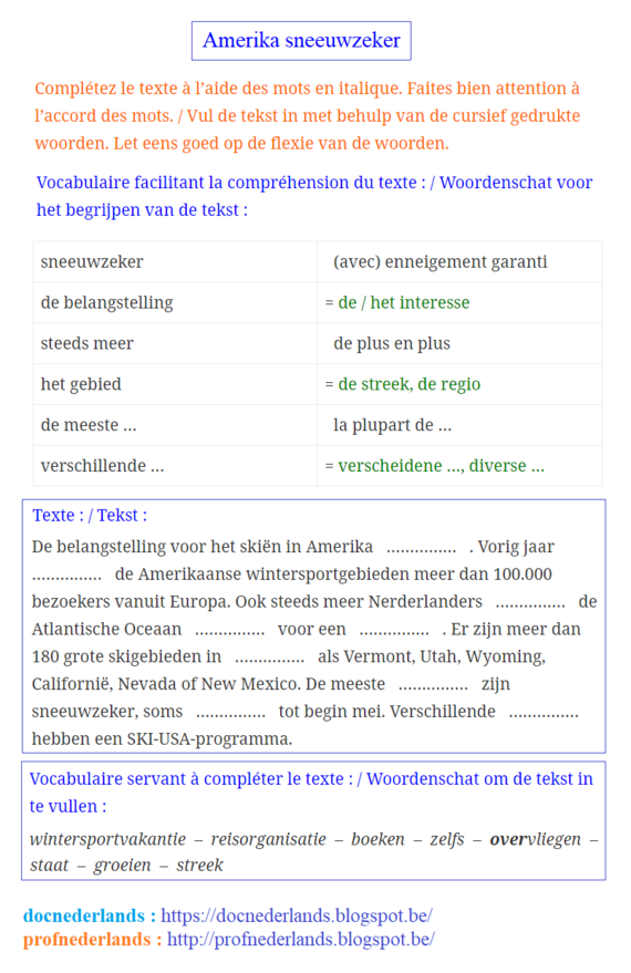 Texte à compléter / Invultekst : 'Amerika sneeuwzeker'