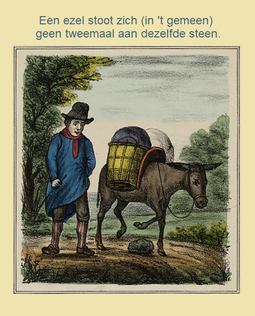 Een ezel stoot zich (in 't gemeen) geen tweemaal aan dezelfde steen. Nederlandse gezegden Een ezel stoot zich (in 't gemeen) geen tweemaal aan dezelfde steen. Nederlandse gezegden
