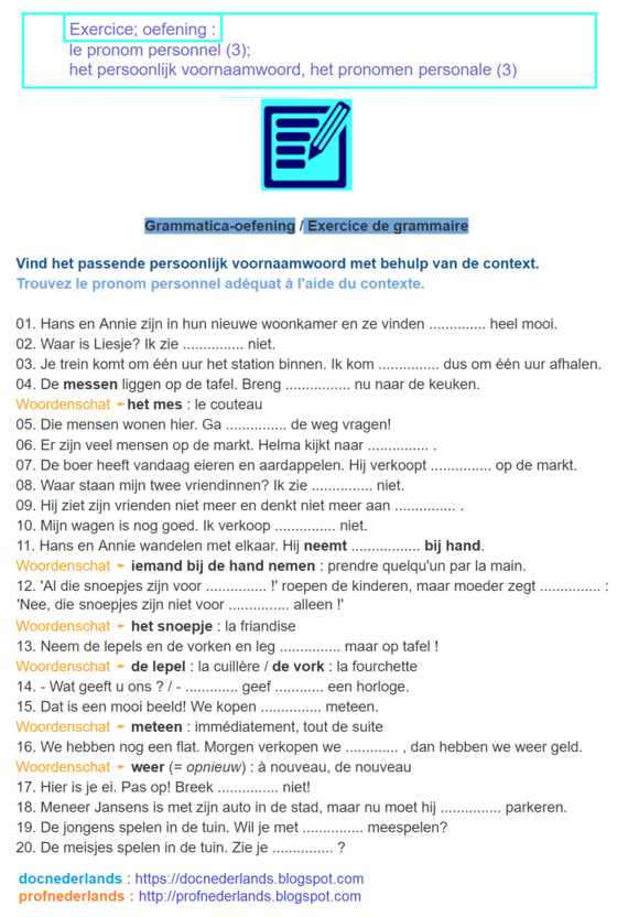 Le pronom personnel, het persoonlijk voornaamwoord - exercice 3