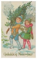 Gelukkig Nieuwjaar (jongen met dennenboom, meisje met doosje)