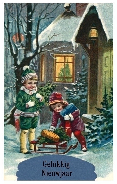 Gelukkig Nieuwjaar (twee kinderen en cadeautjes op de slee)