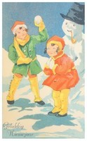 Gelukkig Nieuwjaar (sneeuwpop en 2 kinderen)