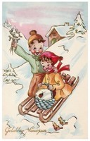 Gelukkig Nieuwjaar (jongetje en meisje op de slee)