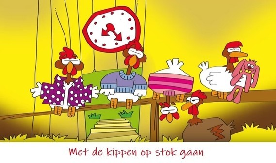 Met de kippen op stok gaan (cartoon) - Nederlandse gezegden
