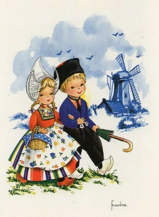 vintage postcard : meisje en jongetje, windmolen