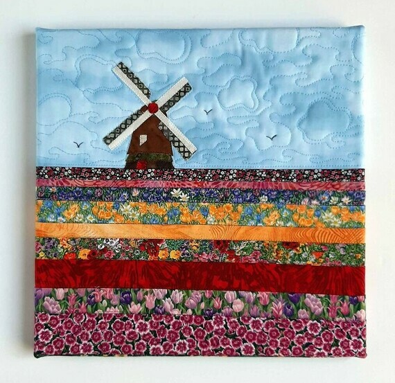 Windmill with horizontal tulip fields, Quiltshop Andrea