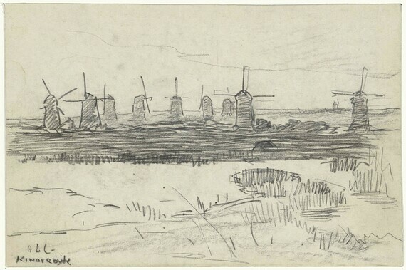 Windmolens bij Kinderdijk, Adolf le Comte, 1860