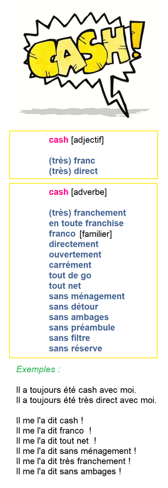 cash (adverbe) [anglicisme] / franchement, franco, directement, ...