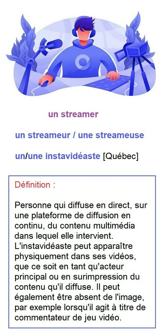 Un streamer [anglicisme] / Un streameur (forme francisée), un instavidéaste