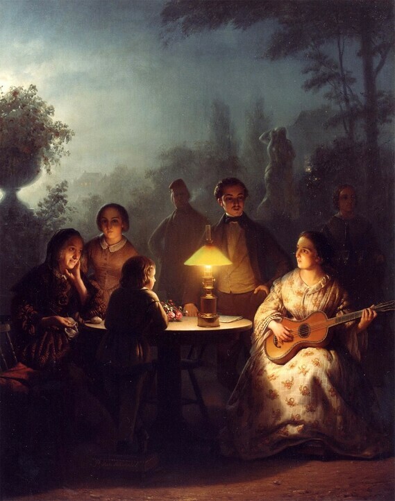 Petrus van Schendel, A Summer Evening by Lamp and by Moonlight