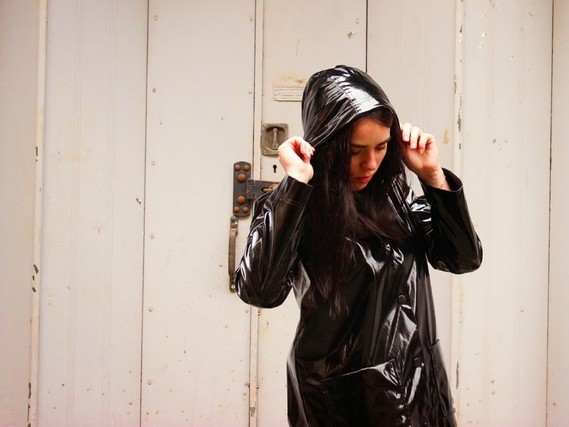 Black patent Petit Bateau raincoat on fashion blogger Emma Louise Layla
