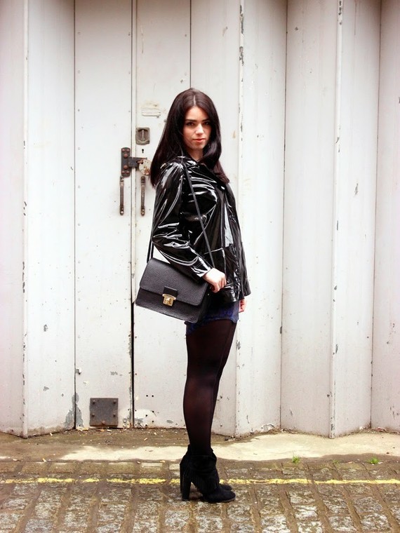 London fashion blogger Emma Louise Layla in black patent waxed Petit Bateau raincoat