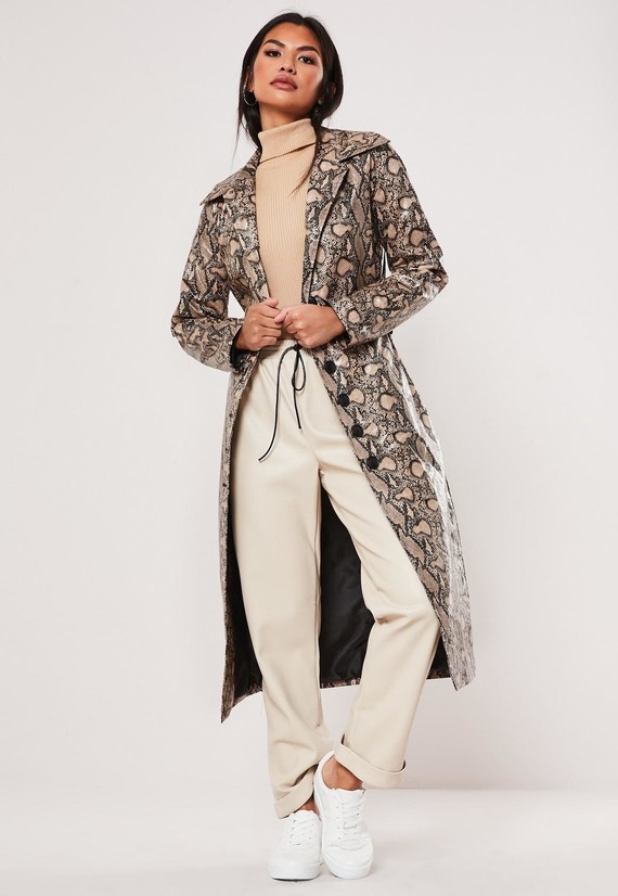 brown-snake-print-button-through-trench-coat