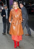 Rose-Byrne-khaki-coated-coat-orange-dress-red-boots