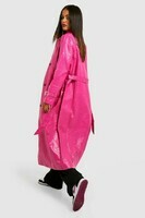 female-hot pink-faux-leather-longline-trench-coat
