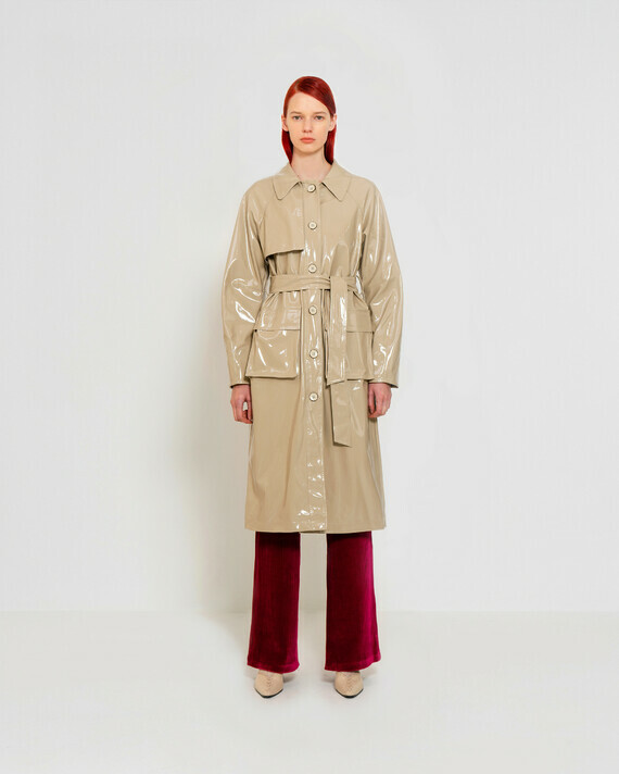 CT2707-SAND-VEGAN-PATENT-LEATHER-TRENCH-COAT-FRONT-0
