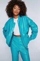 womens-turquoise-faux-leather-ruched-sleeve-bomber-jacket
