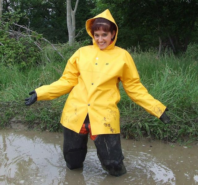 Yellow PVC Hooded Raincoat & Black Rubber Waders | Rainwear girl, Rain ...