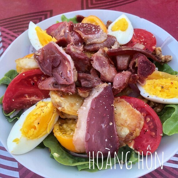 Salade landaise : salade et tomates du jardin , oignon rouge, noix, œuf , pommes de terres sautés, g