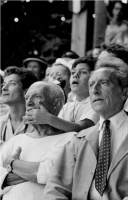 Pablo Picasso, son Claude and Jean Cocteau at the bullfights - Vallauris, France, 1955
