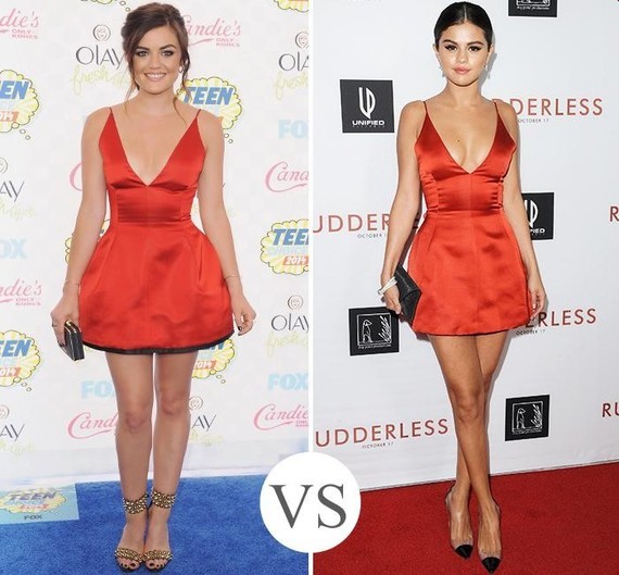 Lucy-Hale-et-Selena-Gomez-meme-robe-rouge-en-satin