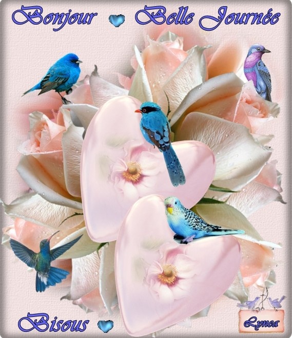 bonjour-belle journée-bisous coeurs et oiseaux bleus