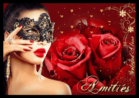 Amitiés Femme au masque et roses rouges