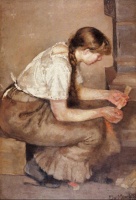 Girl Kindling a Stove