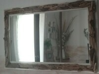Ancien miroir bleu en bois flottés