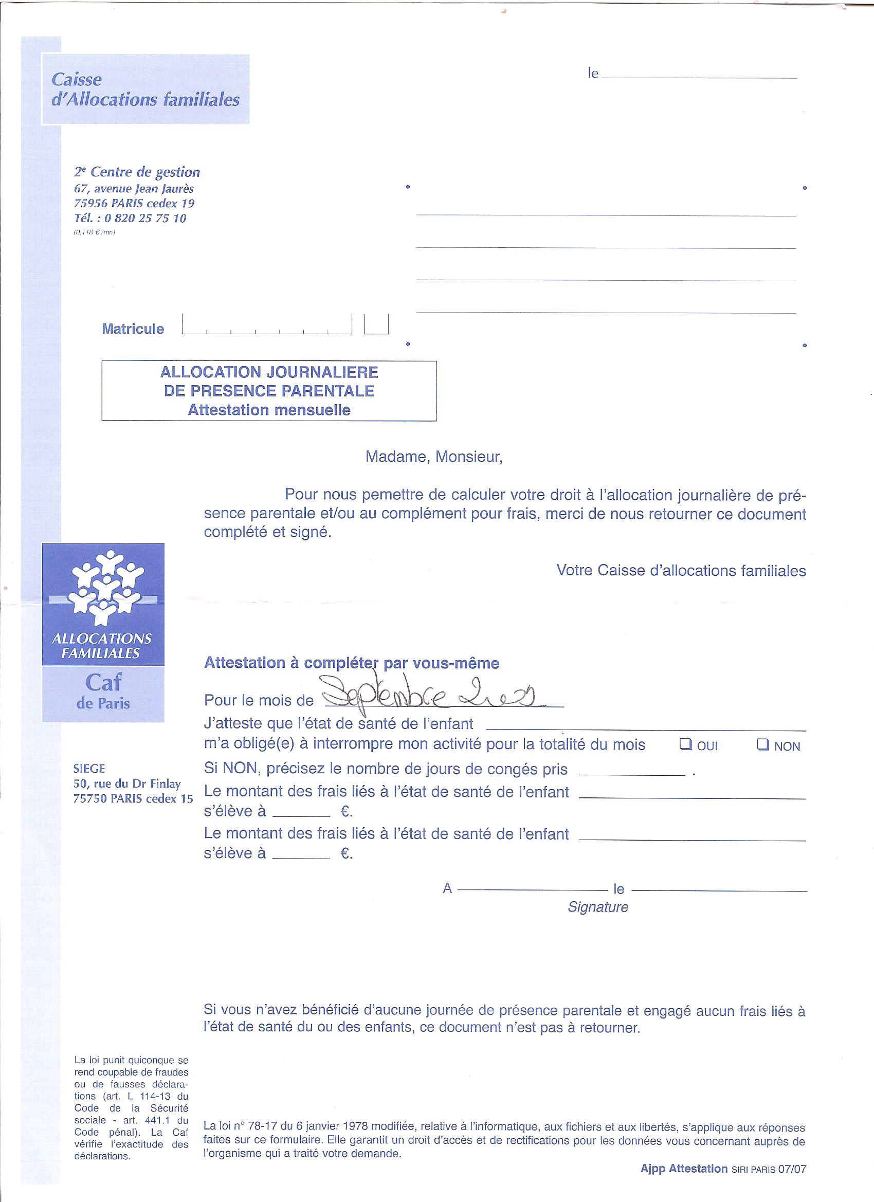 Attestation Mensuelle Ajpp Besoin D Aide Prematures