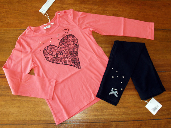4 ANS IKKS Tee-shirt bébé FILLE ROSE CORAIL-Visuel cœur petits studs - leggings étoiles noeuds