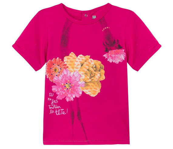 5 ANS Catimini tee-shirt rose Fuchsia mascotte autruche et fleurs jaunes