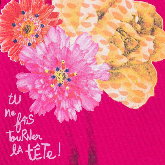 5 ANS Catimini tee-shirt rose Fuchsia  mascotte autruche et fleurs jaunes