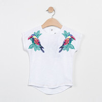 5 ANS CATIMINI tee-shirt Tropicool blanc oiseaux du paradis rebrodés au cœur d'une forêt tropicale