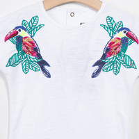5 ANS CATIMINI tee-shirt Tropicool blanc oiseaux du paradis rebrodés au cœur d'une forêt tropicale