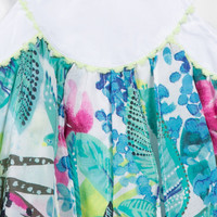 5 ANS CATIMINI Tropicool robe foulard emeraude frangées sur plastron végétation luxuriante