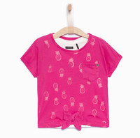6 ANS IKKS TEE SHIRT 2 EN 1 FILLE dessus rose fuchsia transparence ananas, noeud palmiers