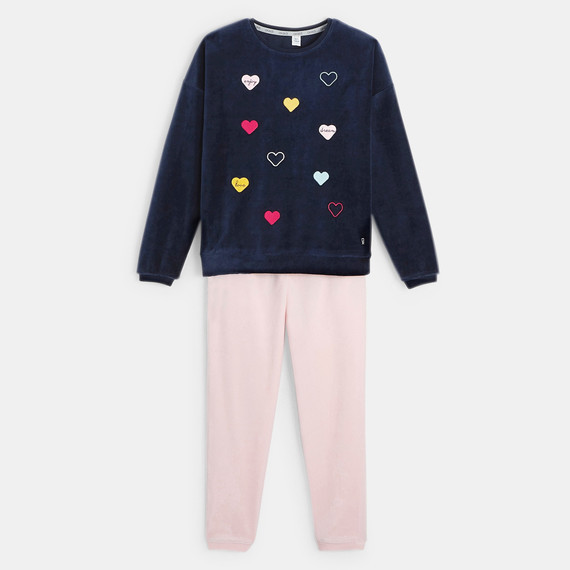 8 ANS Pyjama velours marine rose cœurs patchés brodés